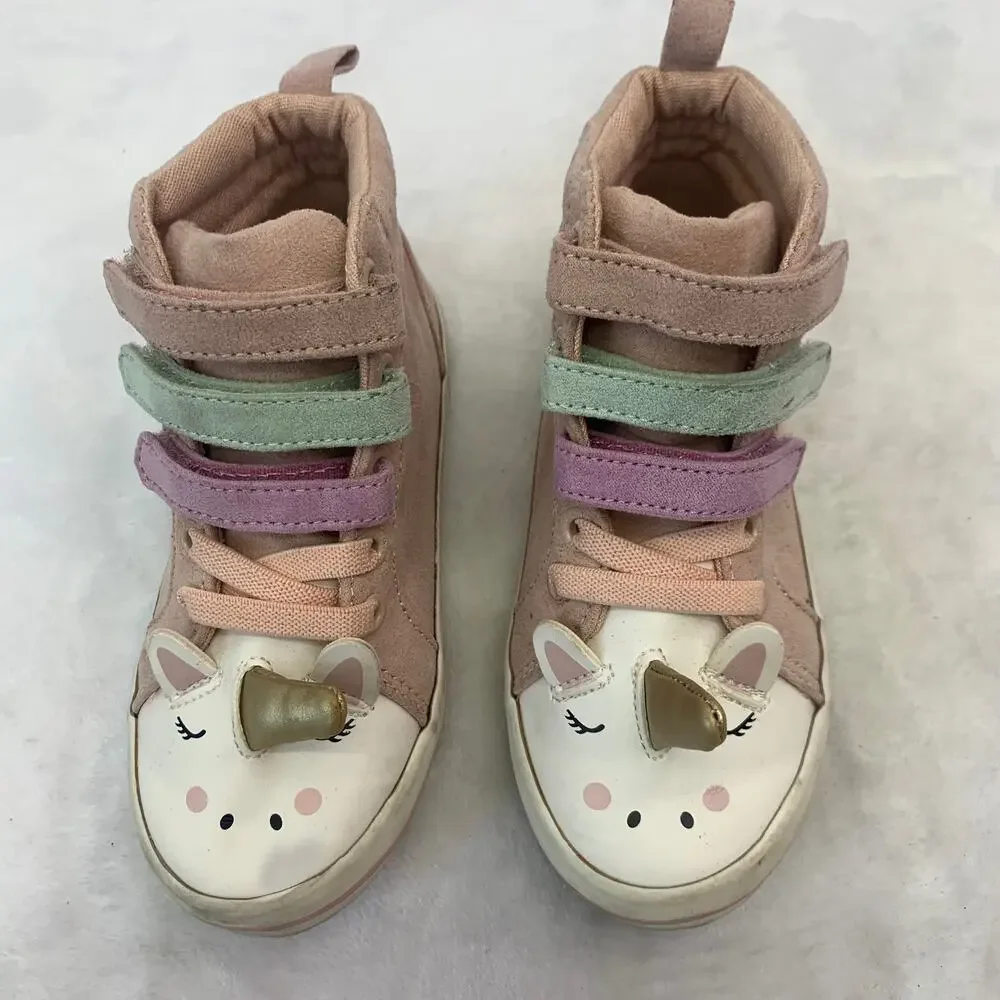 Unicorn Toddler Girls Sz 8 High Top Zip Up Sneakers Pink Glittery Unicorn Face